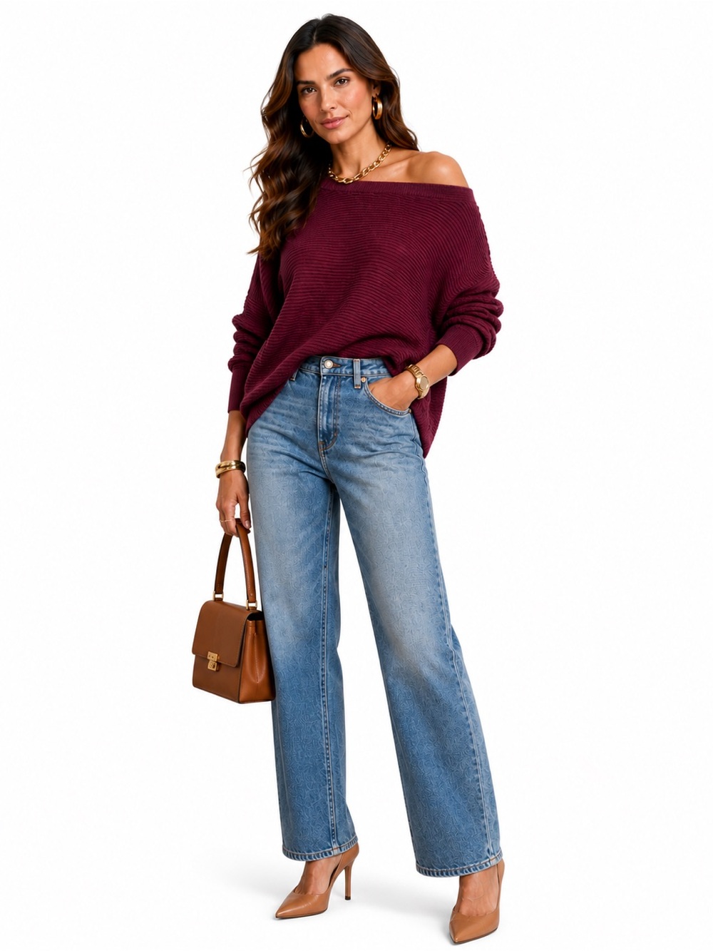 Off-Shoulder Ribbed Sweater in Burgundy